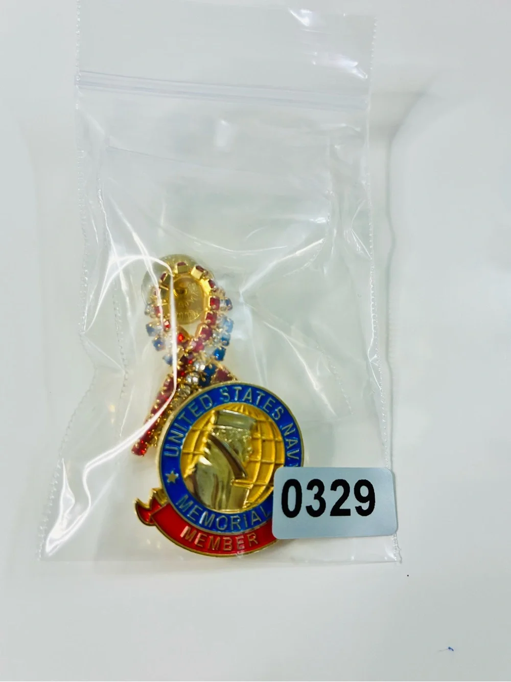 Red, Blue, Gold Crystal Ribbon & US Navy Memorial Member Brooch Set